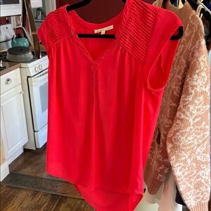 Bright Coral Women's Pleated Shoulder V-Neck Blouse